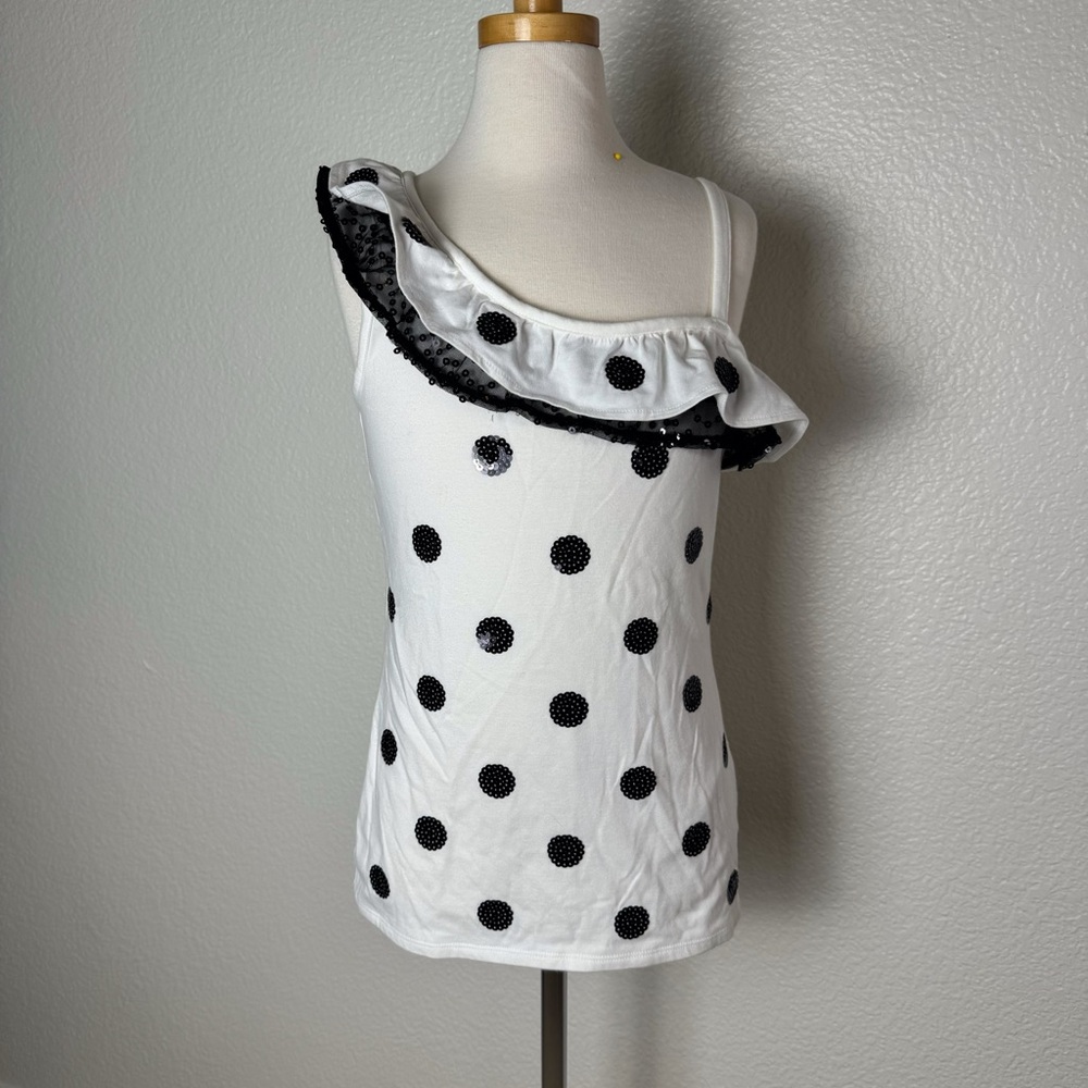 GIRLS Sz 14 Ruffle single shoulder w/ black sequin dots & ruffle Cotton Spandex